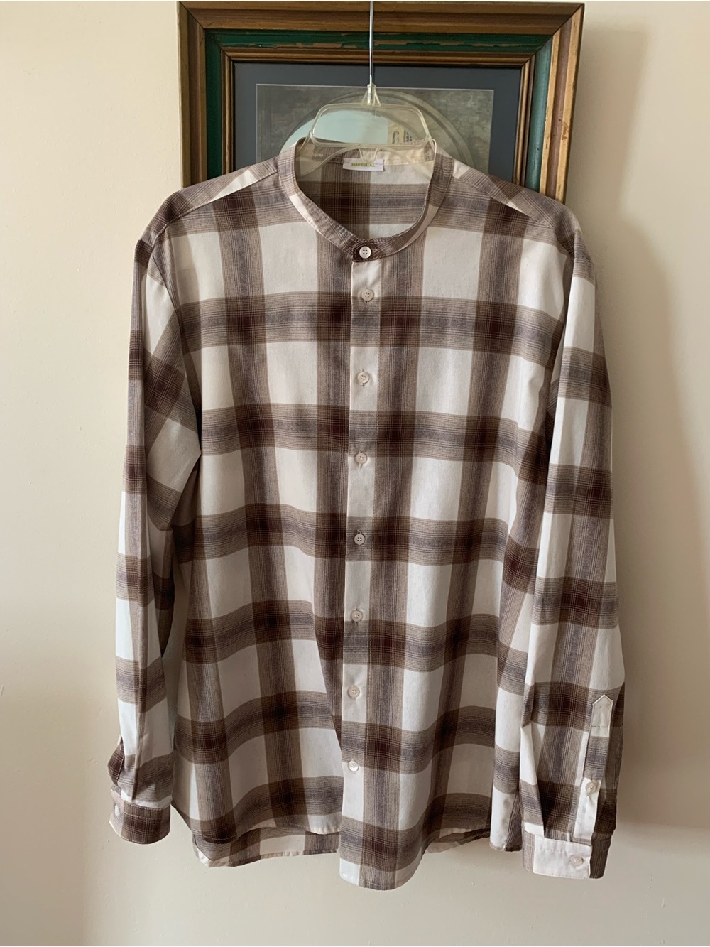 Imperial Made in Italy Men's Brown Plaid Band Collar Shirt